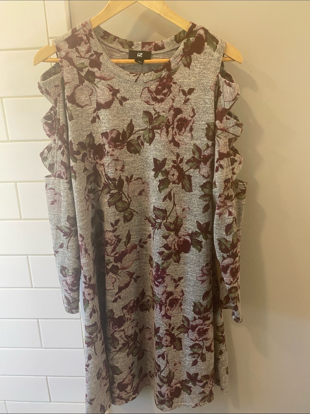 Iz Byer Grey Knit Long-Sleeve Dress with Burgundy Floral